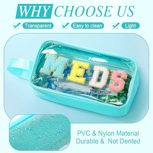 Kacctyen Letter Clear Meds Bag Makeup Pouch Waterproof Chenille Nylon Medicine First Aid Bag for Travel Preppy Cosmetic Toiletry Storage Bags with Handle Pill Snack Pouch for Women Men - color: Blue, style: Meds