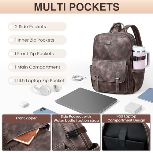Vegan Leather Laptop Backpack for Women Designer 15.6 Inch PU Laptop Bag, Ladies Travel Computer Work Backpack - color: Two-toned Coffee
