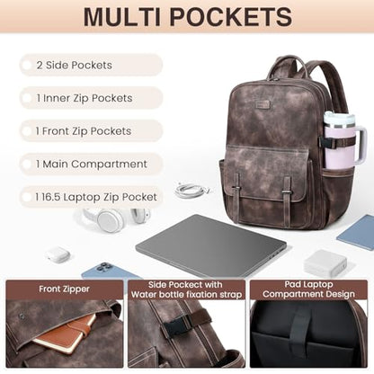 Vegan Leather Laptop Backpack for Women Designer 15.6 Inch PU Laptop Bag, Ladies Travel Computer Work Backpack - color: Two-toned Coffee