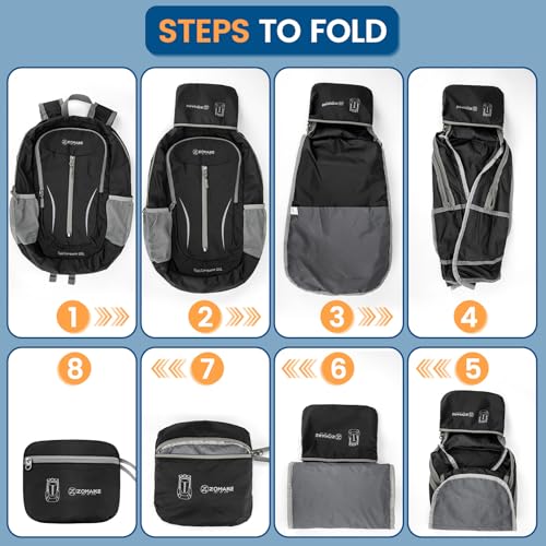 ZOMAKE Ultra Lightweight Packable Backpack 25L, Foldable Hiking Backpacks Water Resistant Small Folding Daypack for Travel(Black) - color: Black-c