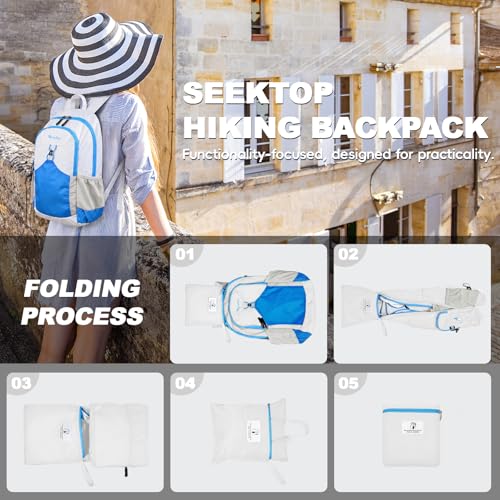 Seektop 15L Small Lightweight Hiking Backpack for Men Women Foldable Packable UltraLight Daypack for Travel Daily Outdoor - color: Blue White