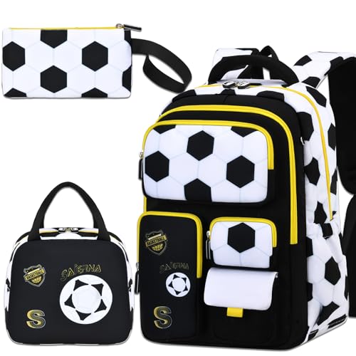 3PCS Kids Backpack Set, School Backpack with Lunch Bag & Pencil Case, Lightweight Waterproof Bookbag for Kids (Black soccer) - color: Black Soccer