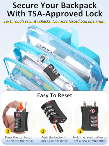 Clear Backpack Heavy Duty With A TSA Lock, 18 Inch Large Clear Back pack, Transparent See Through Bookbag for College, Work, Travel, Sport- Light Blue - color: Light Blue