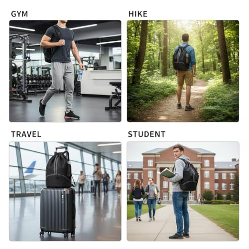 Drawstring Backpack Gym Bag with Shoes Compartment, Water‑Resistant String Backpack, Dry‑Wet Separation Cinch Sack for Soccer Basketball Swim Beach Sports for Women Men-Black - color: Black