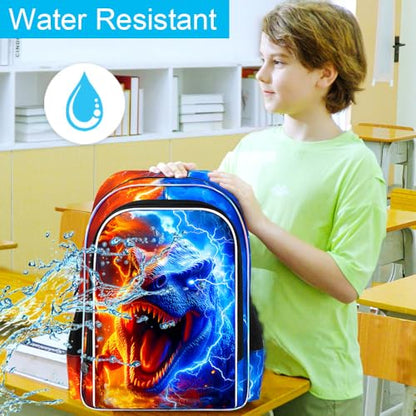 AGSDON 3PCS Dinosaur Backpack for Boys, 17" Kids Bookbag with Lunch Box for Boy, Flame Thunder Backpacks Water Resistant and Lightweight for Teen - color: Dinosaur