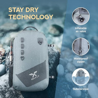 Xelfly - Waterproof Fishing Backpack with Rod Holder, Inflatable Air Valve, Padded Waist Straps & Gear Loops - Submersible Zipper, Rugged Top Handle, Adjustable Attachments (Gray) - color: Gray, size: Fishing Backpack