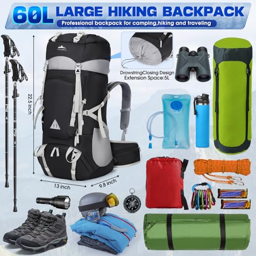 IGOLUMON 60L Hiking Backpack Waterproof Camping Backpack with Rain Cover Large Lightweight Backpacking Backpack for Men Women - color: Black