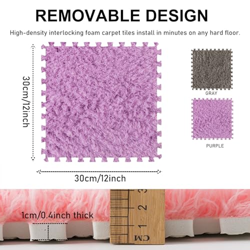 Thickened Plush Foam Interlocking Floor Carpet Mat,24 Piece 12x12in Fluffy Square Puzzle Foam Carpet Tiles with Edgings,Soft Anti-Slip Shaggy Area Rug Playmat(Color:Purple+Grey) - color: Purple+grey