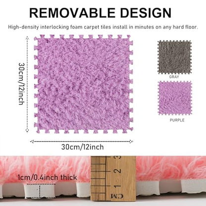 Thickened Plush Foam Interlocking Floor Carpet Mat,24 Piece 12x12in Fluffy Square Puzzle Foam Carpet Tiles with Edgings,Soft Anti-Slip Shaggy Area Rug Playmat(Color:Purple+Grey) - color: Purple+grey