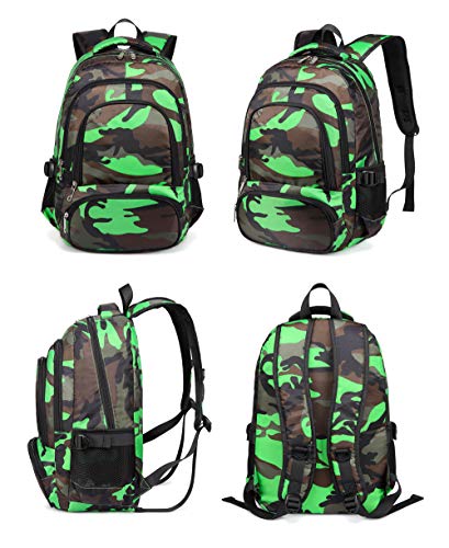 BLUEFAIRY Kids Backpacks for Boys Girls 17 Inch Elementary Primary Middle School Bookbags with Laptop Compartment Back to School Bags for Childs Age 6-8 Mochilas Escolares para Niños Niñas Camo Green - color: Black/Green