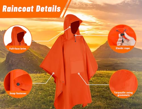 TOMSHOO Multifunctional Raincoat with Hood Hiking Cycling Rain Cover Lightweight Poncho Rain Coat Outdoor Camping Tent Mat - color: Orange
