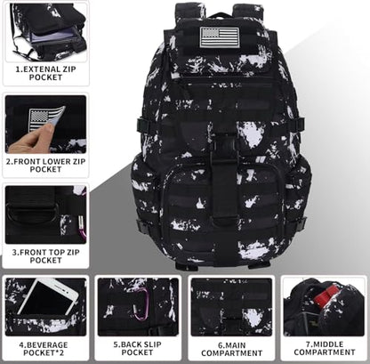 50L Military Tactical Backpack 3 Day Assault Pack Molle Daypack Hiking Backpack for Men and Women - color: Black-white Lightning