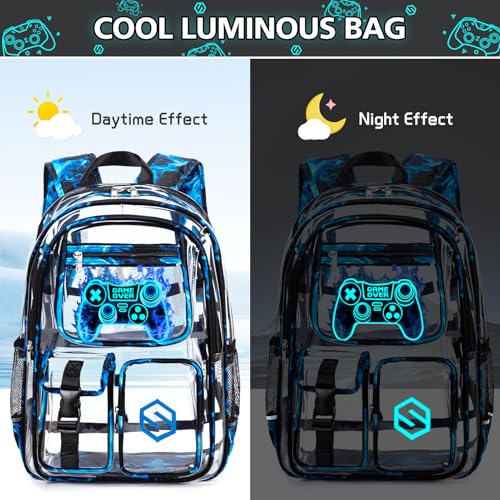 DIGOBAY 3PCS Cool Luminous Clear Backpack for Boys Kids, Gamer Clear Bookbag for School, See Through PVC Transparent Backpacks with Lunch Bag Pencil Case, Backpack Heavy Duty for School Stadium - color: Blue Flame