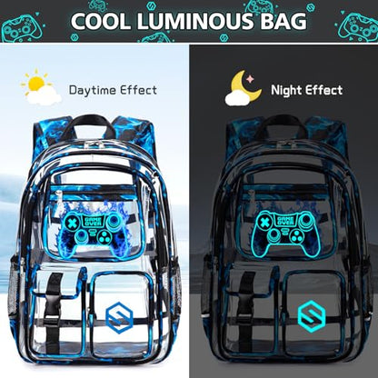 DIGOBAY 3PCS Cool Luminous Clear Backpack for Boys Kids, Gamer Clear Bookbag for School, See Through PVC Transparent Backpacks with Lunch Bag Pencil Case, Backpack Heavy Duty for School Stadium - color: Blue Flame