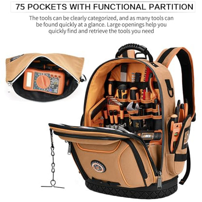 Tool Bag Backpack with 2 Canvas Tool Pouch Tool Kit, 75 Pockets & Loops Heavy Duty Tools Organizer/HVAC Tool Carrier for Eelectrician/Construction Work with Molded Base and Combination Lock, Brown - color: Brown2
