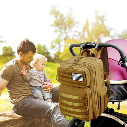 LORADI Large Dad Diaper Bag Backpack, Tactical Style, Brown | Stroller Clips, Luggage Sleeve for Travel, Insulated Pockets - color: Brown