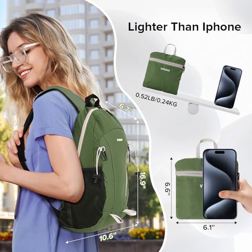 VPBAGE 15L Water-resistant Hiking Daypack, Small Backpack Travel Outdoor, Lightweight Packable Day Pack Carry On for Women Men Adults - color: Army Green