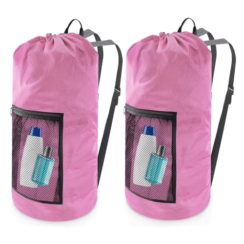 Laundry Bag Backpack,Olosar 2PCS Extra Large Travel Laundry Bag with Mesh Pocket & Adjustable Shoulder Straps,Dirty Clothes Travel Bag for College Students Dorm,Apartment(Pink) - color: Pink, size: 2Pack
