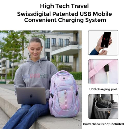 Swissdigital Design Backpack for Men with USB Charging Port SD803-104 - color: Pink Purple