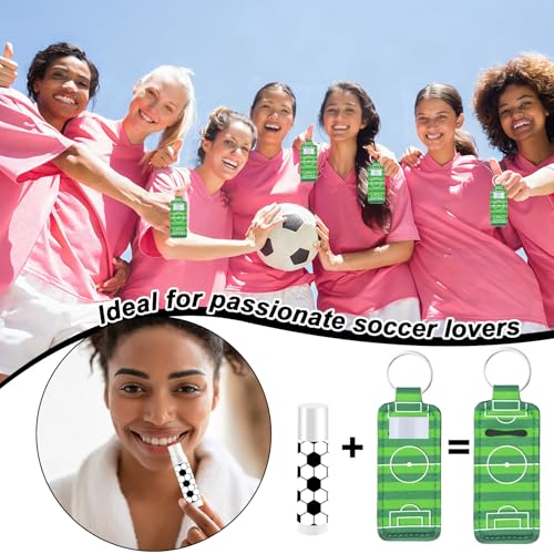 24 Sets Soccer Party Favors Lip Balm and Lipstick Holder Keychain Bulk Sport Ball Team Gifts Natural Moisturizing Lip Balm Keychains Portable Pouch for Team Soccer Sports Party Supplies - style: Soccer