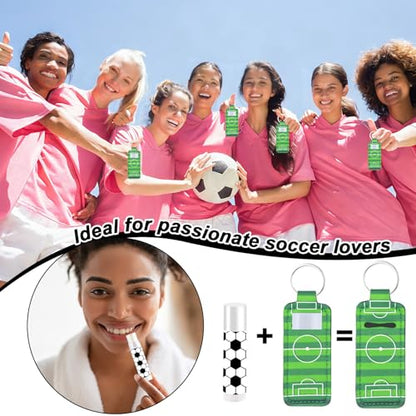 24 Sets Soccer Party Favors Lip Balm and Lipstick Holder Keychain Bulk Sport Ball Team Gifts Natural Moisturizing Lip Balm Keychains Portable Pouch for Team Soccer Sports Party Supplies - style: Soccer