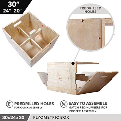 Wood Plyometric Box 30/24/20 by Day 1 Fitness, 3-in-1, for Crossfit Training, Jumps - Heavy-Duty, Non-Slip Plyo Boxes with Rounded Corners for Safety - Durable Conditioning Equipment