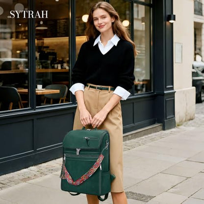 SYTRAH Leather Laptop Backpack for Women Designer Laptop Bag, 16.5 inch Travel Computer Backpacks Purse with Tassel for Work Business with Satchel Purse Green - color: Green