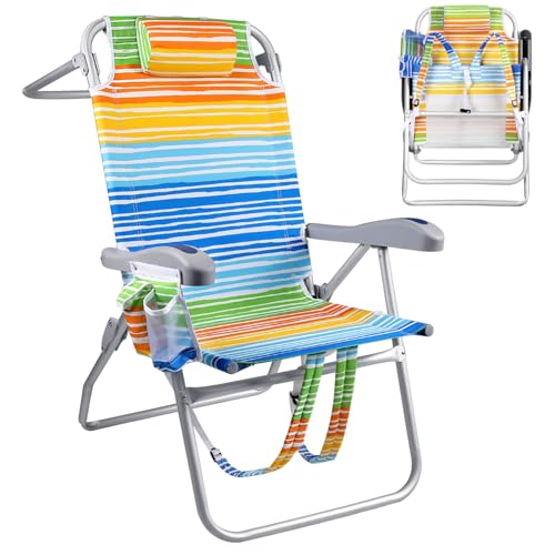 PRETZI Backpack Beach Chairs for Adults - Folding Heavy Duty High Camping Chair with Storage Pouch, Cup Holder & Towel Rack, Adjustable Lounge Chair for Outdoor,Travel (1pack / High Back Rainbow - color: High Back Rainbow, size: 1 pack