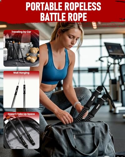 Adjustable Weight Ropeless Cordless Battle Ropes Home Gym Portable Strength Training Combat Work Out Battle Ropes Sticks Resistance Springs Weighted Exercise Fitness Rope Trainer Storage Bag (Black)