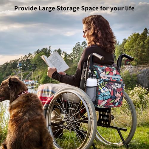 ZHCHG Wheelchair Bags, Wheelchair Backpack with Cup Holder, Wheelchair Bags to Hang on Back, Electric Wheel Chair Accessories, Large Storage Bag for Walker Rollator - style: Blue Red-leaves