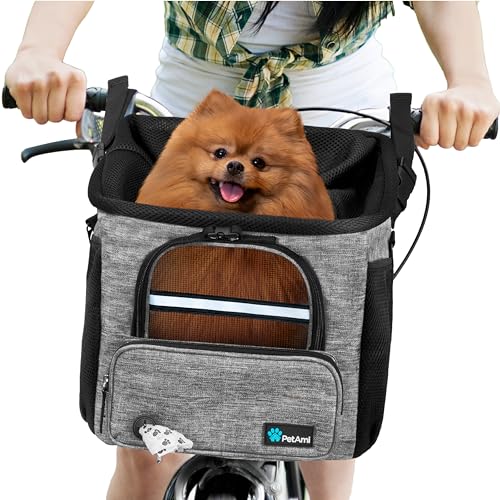 PetAmi Dog Bike Basket, Soft-Sided Ventilated Dog Bike Carrier Backpack, Pet Bicycle Basket for Bike Handlebar, Small Medium Puppy Cat Kitten Car Booster Seat with Safety Strap, Max 18 lbs, Gray - color: Light Gray