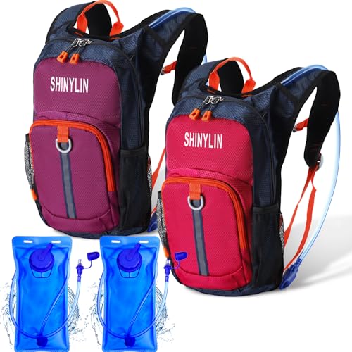 Shinylin 2 Pcs Kids Hydration Backpack with 1.5L Water Bladder Lightweight Kids Hiking Backpack Water Rucksack for Boys Girls Climbing Running - color: Red, Purple, style: Classic