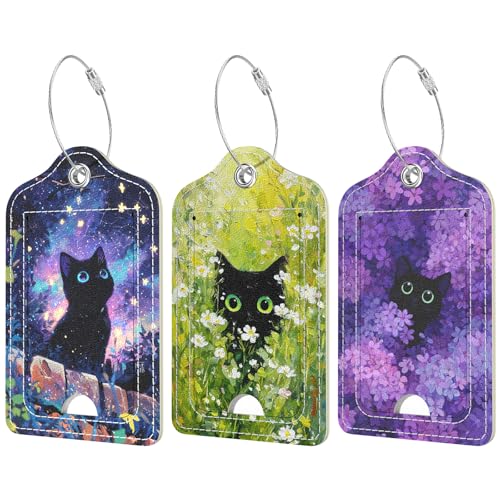Rimilak 3 Pcs PU Leather Luggage Tags for Suitcase, Travel Cruise Luggage Tag with Privacy Flap, Name ID Label and Metal Loop for Women Men Baggage Handbag School Bag Backpack, Nature Cat - color: Nature Cat