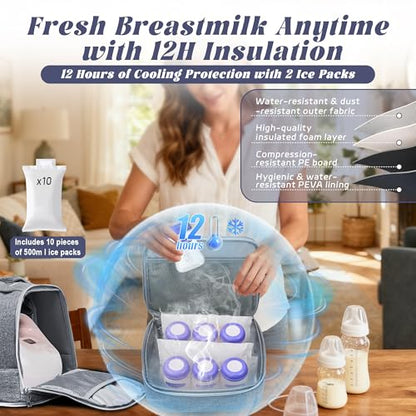 Breast Pump Bag with Insulated Cooler, Double-Layer Pumping Bag for Work & Travel, Fits Most Electric Breast Pumps, Includes 10 Ice Packs & Waterproof Mat, Detachable Bottle Cooler Tote, Grey - color: Grey