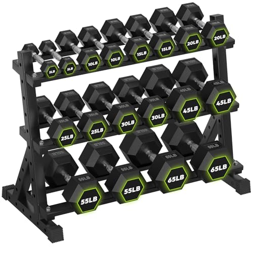 HANDBODE 3-Tier Dumbbell Rack Stand, 1000LB Capacity Storage Rack, Weight Rack for Dumbbells, Kettlebell, 390–700 lb Rubber Coated Fixed Weight Sets, Home Gym Strength Training Equipment - color: 540 lb Set (5-65 lb) *2 & Rack