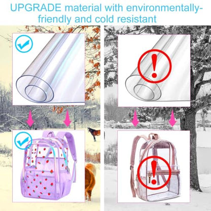 gxtvo 3PCS Clear School Backpack Heavy-Duty Set for Women & Teen Girls, 17" Purple Transparent Bag with Rainbow Strap, Cute Strawberry See Through Bookbag - color: Purple Strawberry Clear Backpack Set