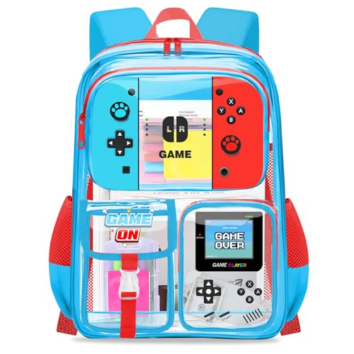 Clear Backpack for Boys - Gamer Kids Clear Bookbag for School, Large See Through PVC Backpack for Stadium Events, Travel, College, Work - color: Red Blue-backpack Only
