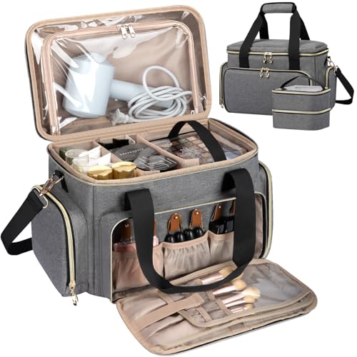 GDNasist Large Makeup Bag, Portable Travel Makeup Bag Organizer for Women Girls with 2 Removable Pouches & Detachable Dividers, Cosmetic Travel Bag, Toiletry Bag for Makeup and Hair Supplies Grey - color: Grey