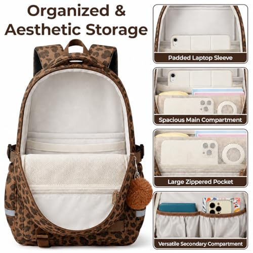 WOBAGMEN Cute Leopard Backpack for Teen Girls, Large Capacity Multi-Pocket School Bag Fits 15.6" Laptop, Lightweight Durable Daypack for School and Travel (Brown Leopard, M) - color: Brown Leopard