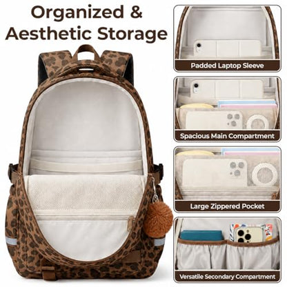 WOBAGMEN Cute Leopard Backpack for Teen Girls, Large Capacity Multi-Pocket School Bag Fits 15.6" Laptop, Lightweight Durable Daypack for School and Travel (Brown Leopard, M) - color: Brown Leopard