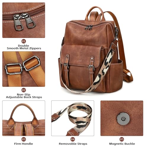 AGLOD Backpack Purse for Women PU Leather Back Packs Designer Ladies Shoulder Bag Fashion Faux Work Travel Handbags - color: Two-toned Brown