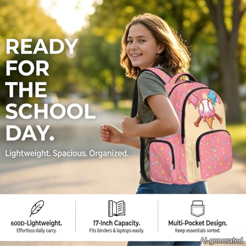 Suobstales Baseball Ice Cream Drip Print School Backpack for Kids, 17 Inch Bookbag for Girls Boys Age 6-8, Lightweight School Bag Knapsack for Preschool, Primary, Kindergarten School Supplies - color: Baseball Ice Cream Drip 3