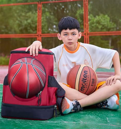 Soccer Backpack with Ball Holder on Outside, Football Volleyball Basketball Backpack with Shoe Compartment and Ball Holder - color: Basketball red
