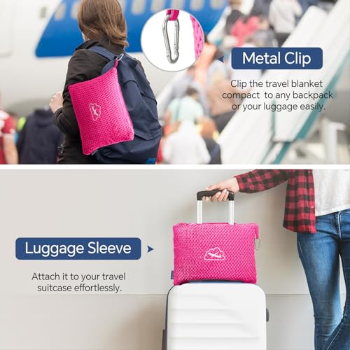 BEDELITE Travel Blanket with Bag, Ultra-Soft Jacquard Fleece Blanket with Luggage Sleeve & Backpack Clip, Airplane Blanket Travel Essentials, Hot Pink - color: Hot Pink