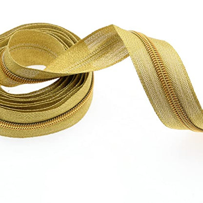 5# Gold Metallic Nylon Coil Zippers by The Yard, Bulk Gold Zipper Tape 10 Yards with 20Pcs Pulls for DIY Sewing Craft Bags YIGUANXIN - color: Gold
