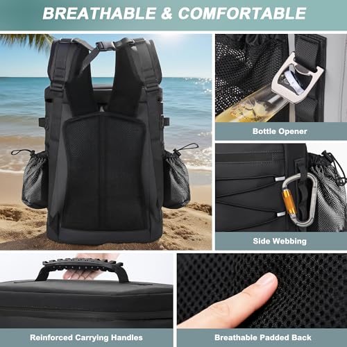 Large 52cans Cooler Backpack, Insulated, Waterproof, Leak Proof, 30L Large Capacity - color: Black, Black Zipper