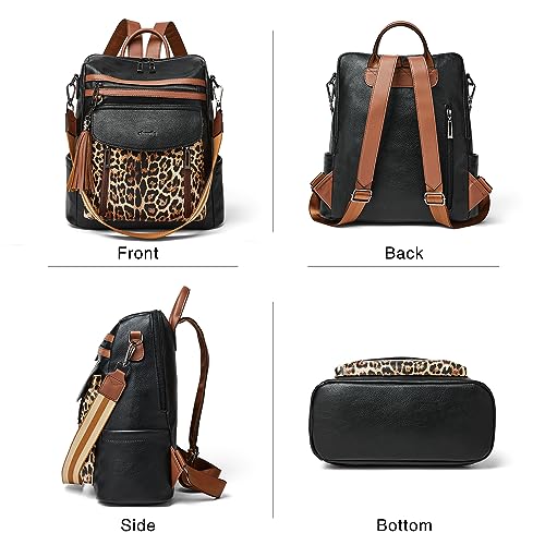 Shrrie Backpack Purse for Women Fashion Leather Backpack Purse Designer Travel Backpack Convertible Shoulder Bag with Wristlet - color: 2-3 Black With Leopard