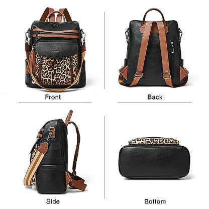 Shrrie Backpack Purse for Women Fashion Leather Backpack Purse Designer Travel Backpack Convertible Shoulder Bag with Wristlet - color: 2-3 Black With Leopard