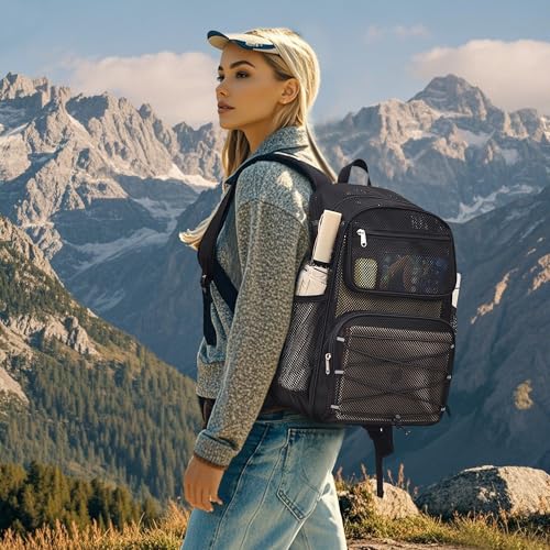 Paxiland Mesh Backpack Heavy Duty See Through Mesh Bookbag Large Backpack for Travel Swimming Outdoor Sports Beach, Black - color: Black-27l