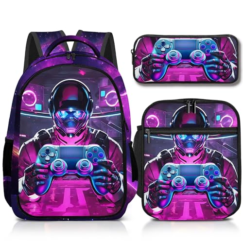Boys Backpack with Lunch Box and Pencil Case, 3Pcs Gamer Backpack for Boys Teens, 17 Inch Large Capacity - color: GAME-HJQZ-8